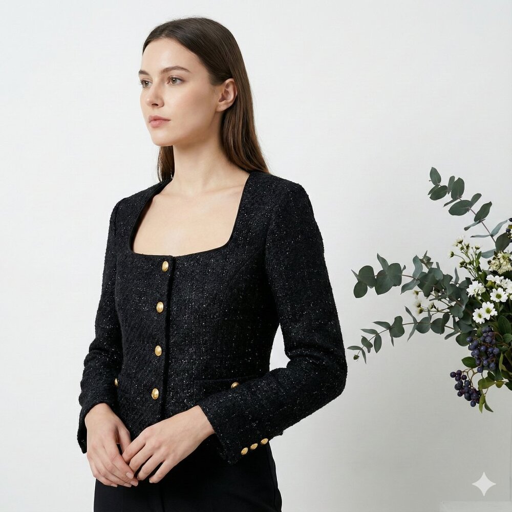Assignment Black Tweed Blazer | Cropped with Gold Buttons